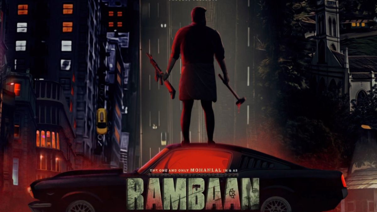 rambaan-motion-poster-out-mohanlal-unleashes-action-in-style-vintage-car-hammer-and-ak-47-entertainment-malayalam